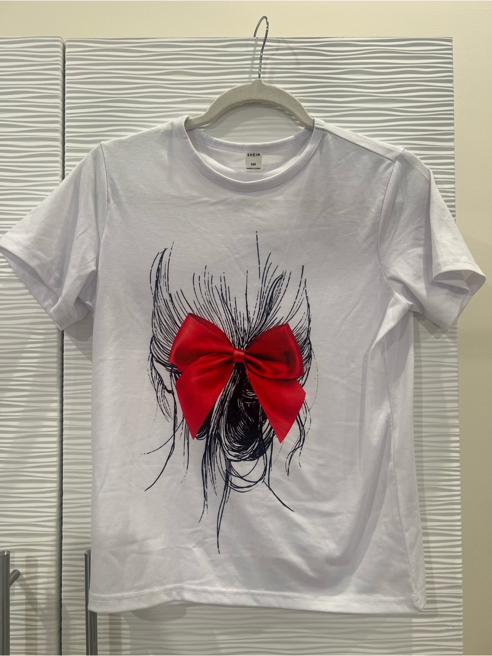 SHEIN White Tee with Red Satin Bow Graphic